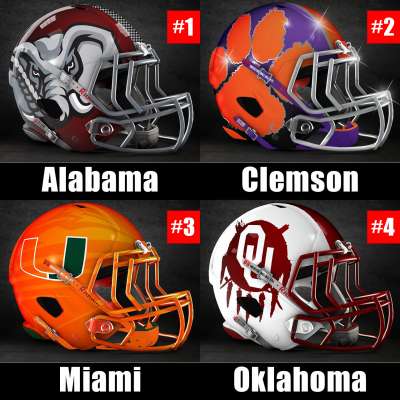 2017 College Football Playoff rankings for week 12: 1) Alabama, 2) Clemson, 3) Miami, 4) Oklahoma