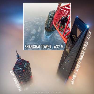 Climbing Shanghai Tower above Jin Mao Tower and Shanghai World Financial Center