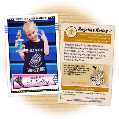 Fan card of 7-year-old Illinois state champion wrestler Angelina Kelley
