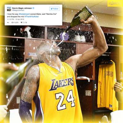 Kobe Bryant celebrates after scoring 60 points in his final NBA game