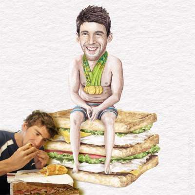 Michael Phelps eating a sandwich in front of Michael Phelps sitting on a sandwich