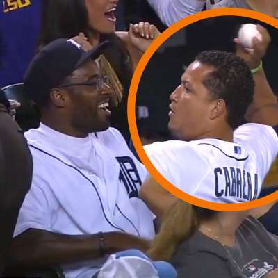 Miguel Cabrera passes to Calvin Johnson at Tigers game