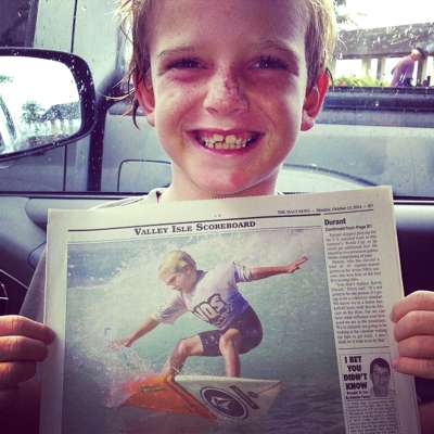 Steve Roberson surfing Hawaii's big waves at six years old