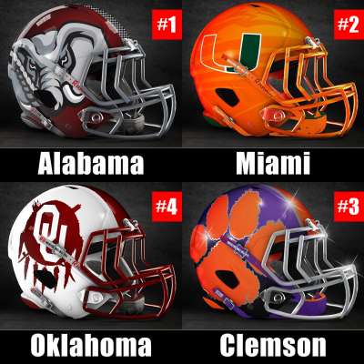 2017 College Football Playoff rankings for week 13: 1) Alabama, 2) Miami, 3) Clemson, 4) Oklahoma