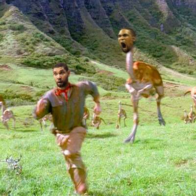 Chris Bosh as Jurassic Park dino chases Tim Duncan