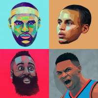 NBA portraits by Ryan Simpson including LeBron James, Steph Curry, James Harden and Russell Westbrook