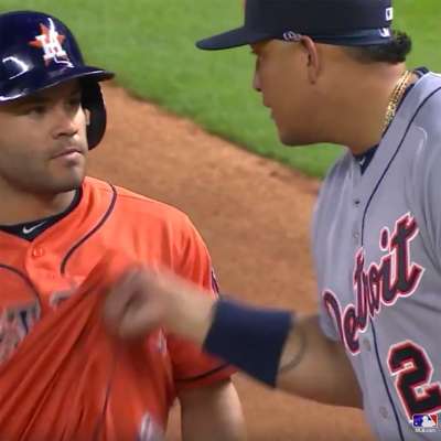 Tigers first baseman Miguel Cabrera messes with Astros All-Star Jose Altuve's shirt